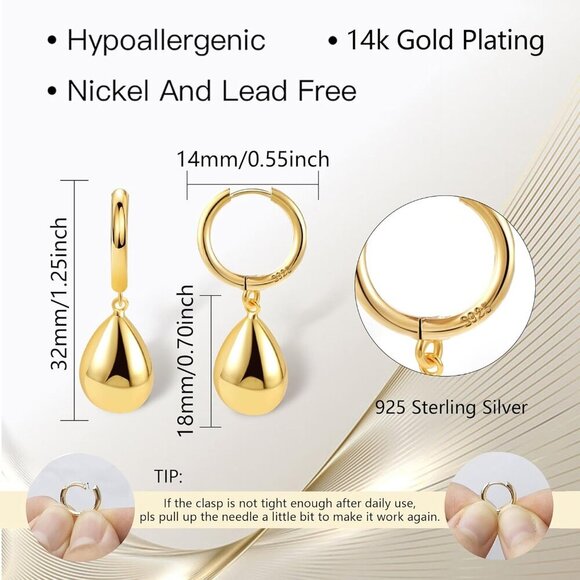 14K Gold Hypoallergenic Teardrop Drop Dangle Leverback Trendy Earrings for Women - Picture 4 of 8